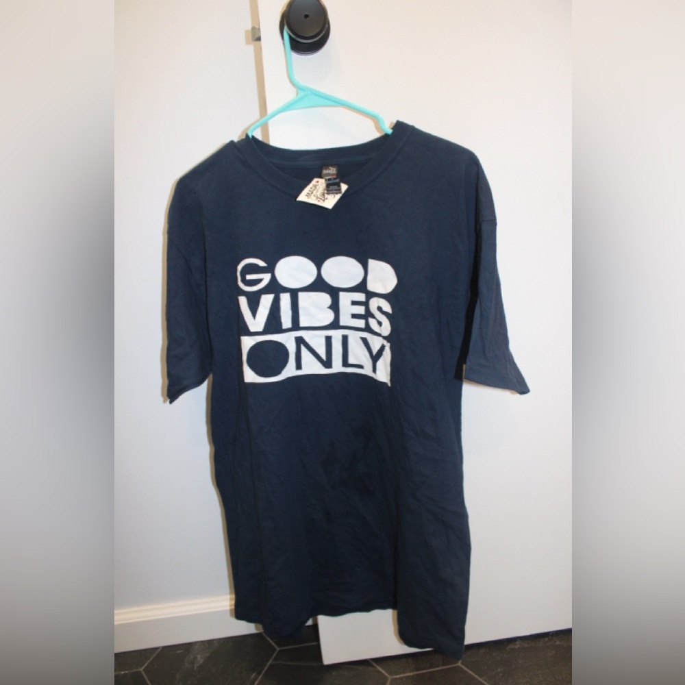 Good Vibes Only Navy Graphic Tee | Custom Made | Large Unisex | NWT Small Stain